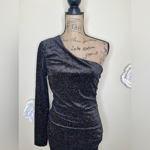 Gianni Bini Multi Colored Glitter Embellished Velvet Ruched Dress Sz 11 - Picture 3 of 16